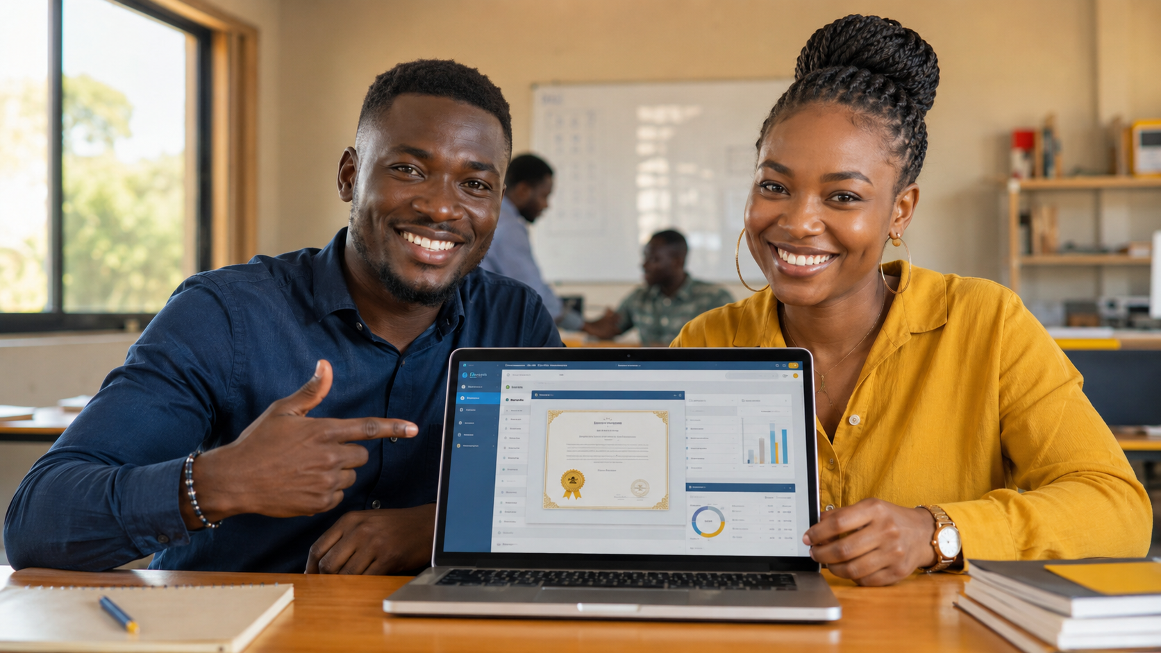 Deux jeunes techniciens africains obtenant leur certification GMAO HCP sur ordinateur