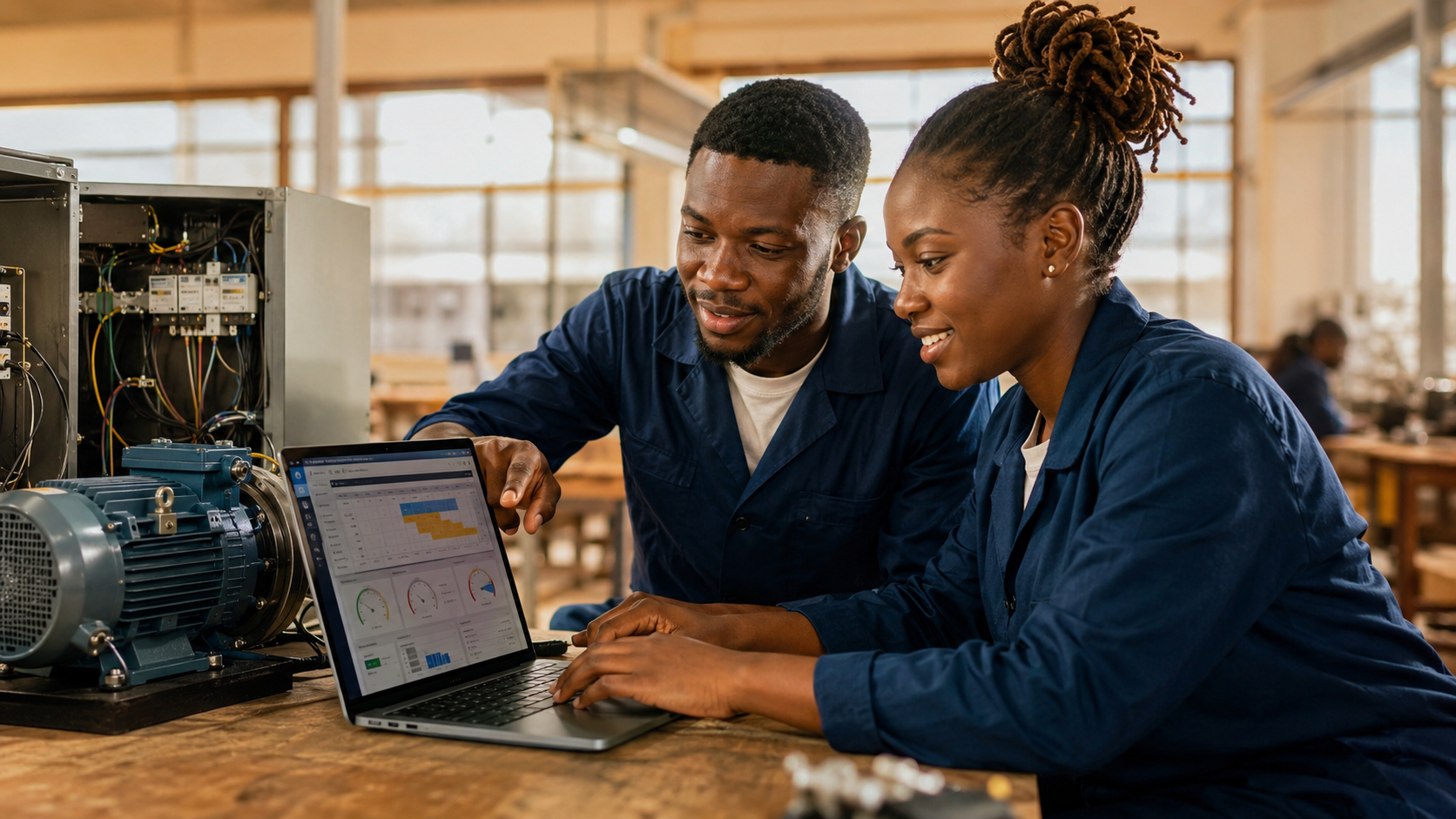 Deux jeunes techniciens ivoiriens utilisant un logiciel GMAO dans un atelier moderne d'Abidjan