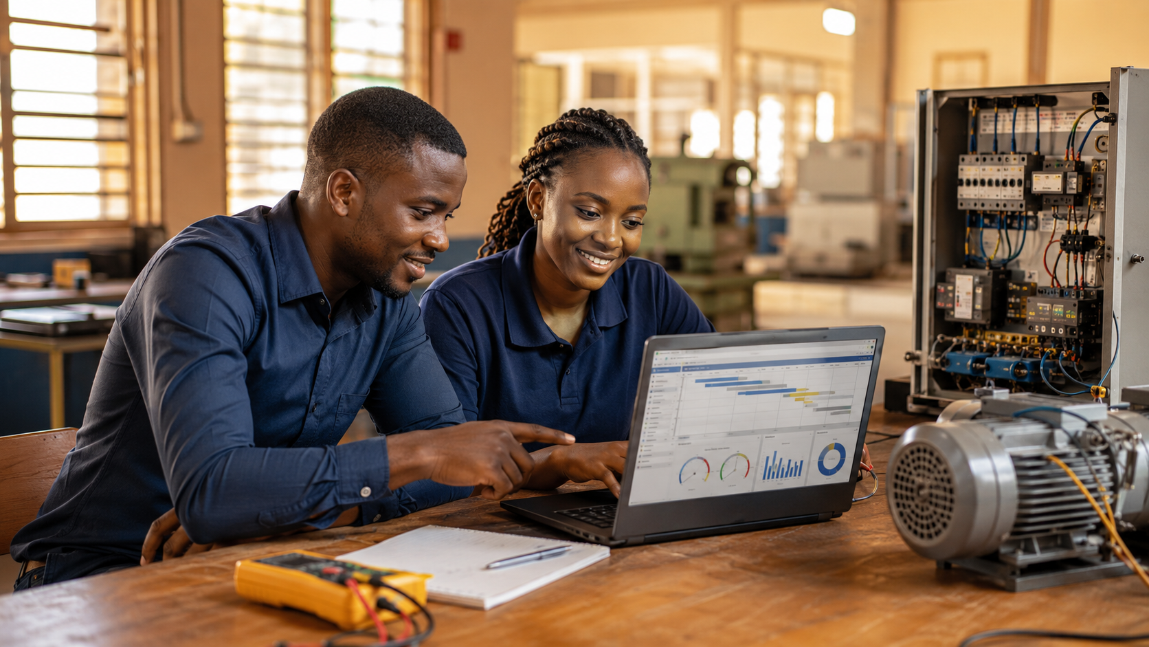 Deux jeunes techniciens maliens utilisant un logiciel GMAO dans un atelier moderne à Bamako