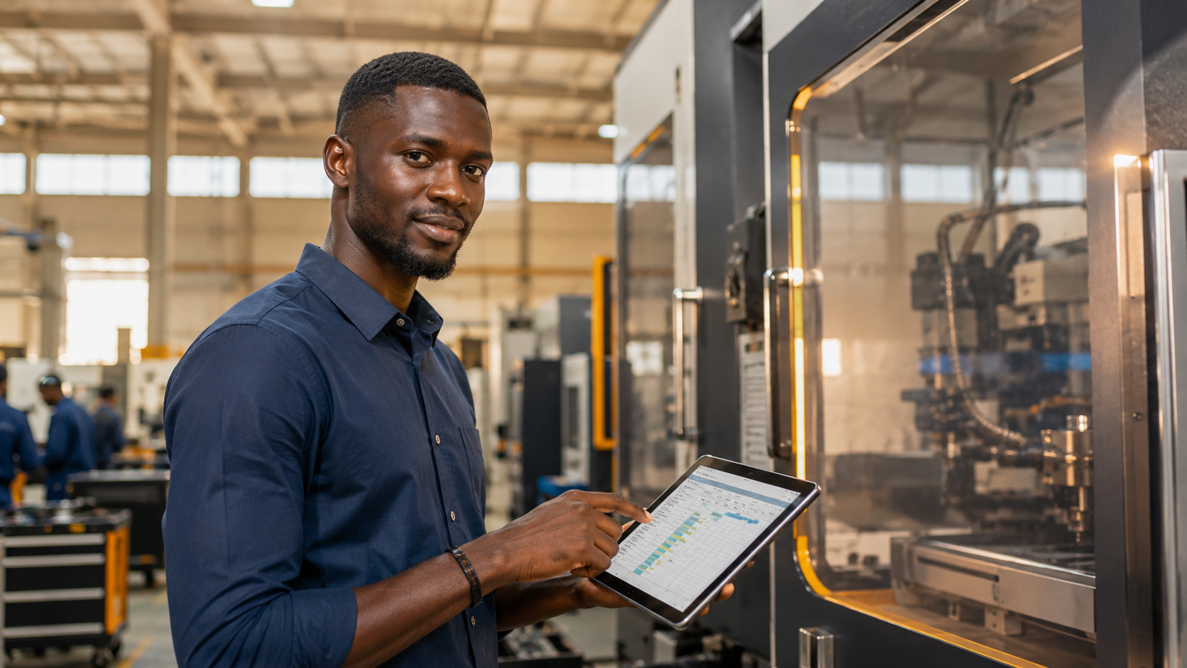 Jeune technicien GMAO sénégalais utilisant une tablette pour scanner un équipement industriel à Dakar