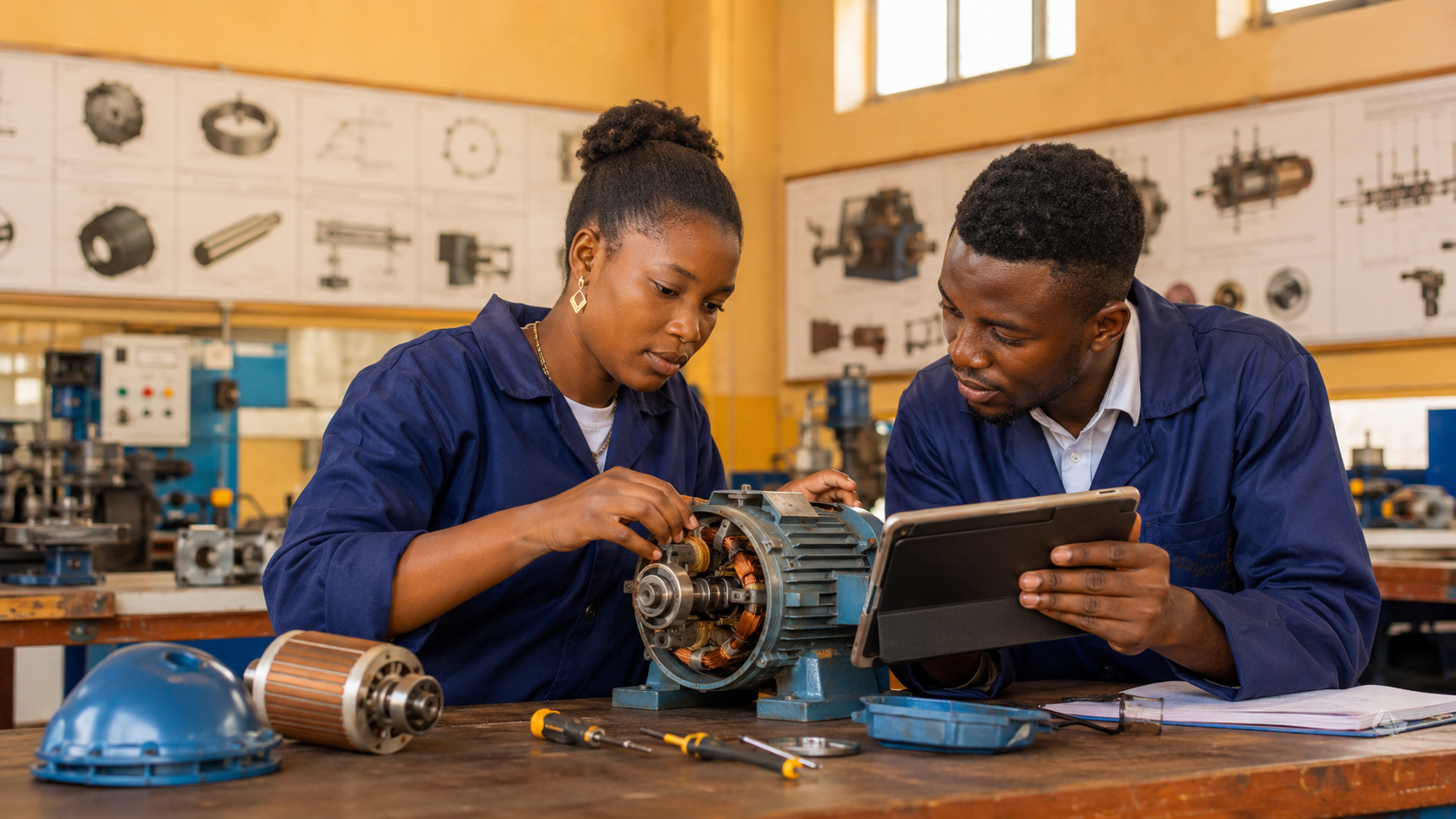 Jeunes techniciens en formation maintenance industrielle dans un atelier moderne à Dakar