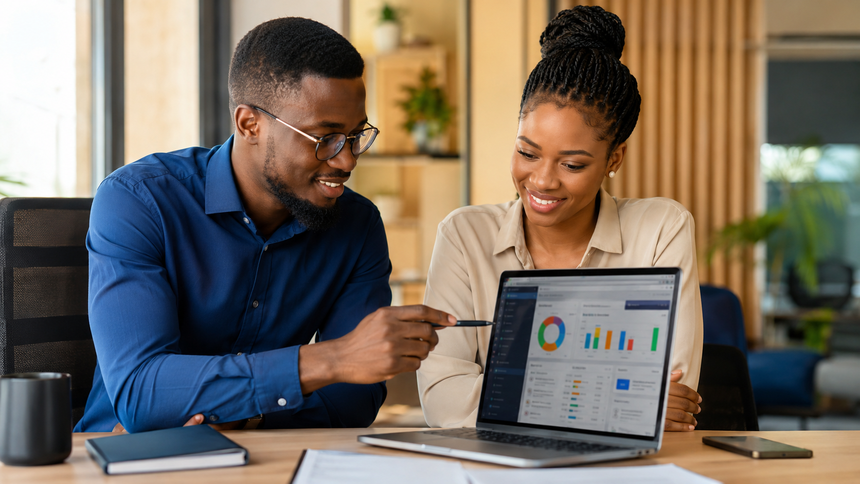 Deux jeunes professionnels africains apprenant la GMAO sur ordinateur en ligne