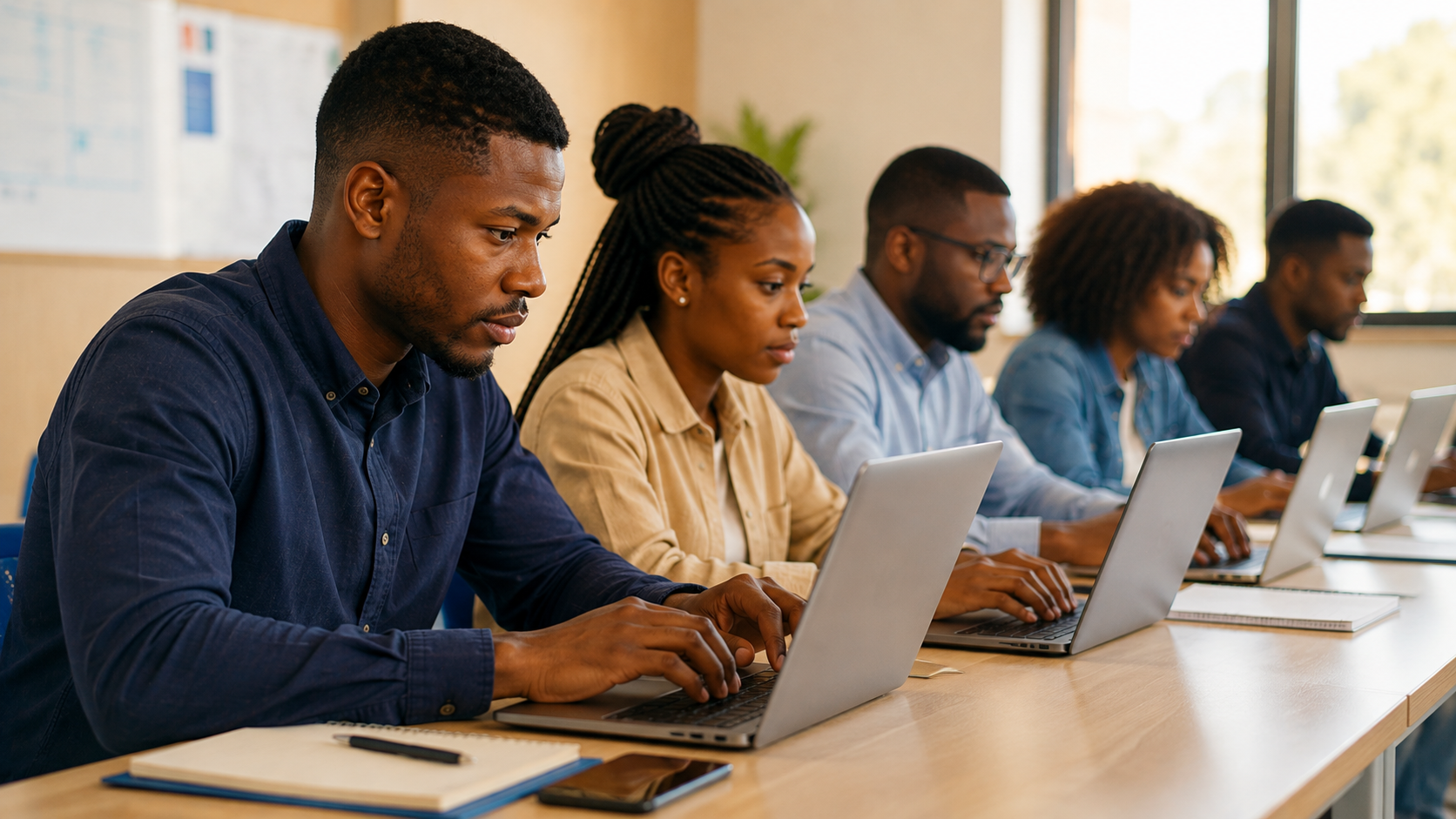 &Eacute;tudiant africain suivant une formation GMAO en ligne sur ordinateur portable