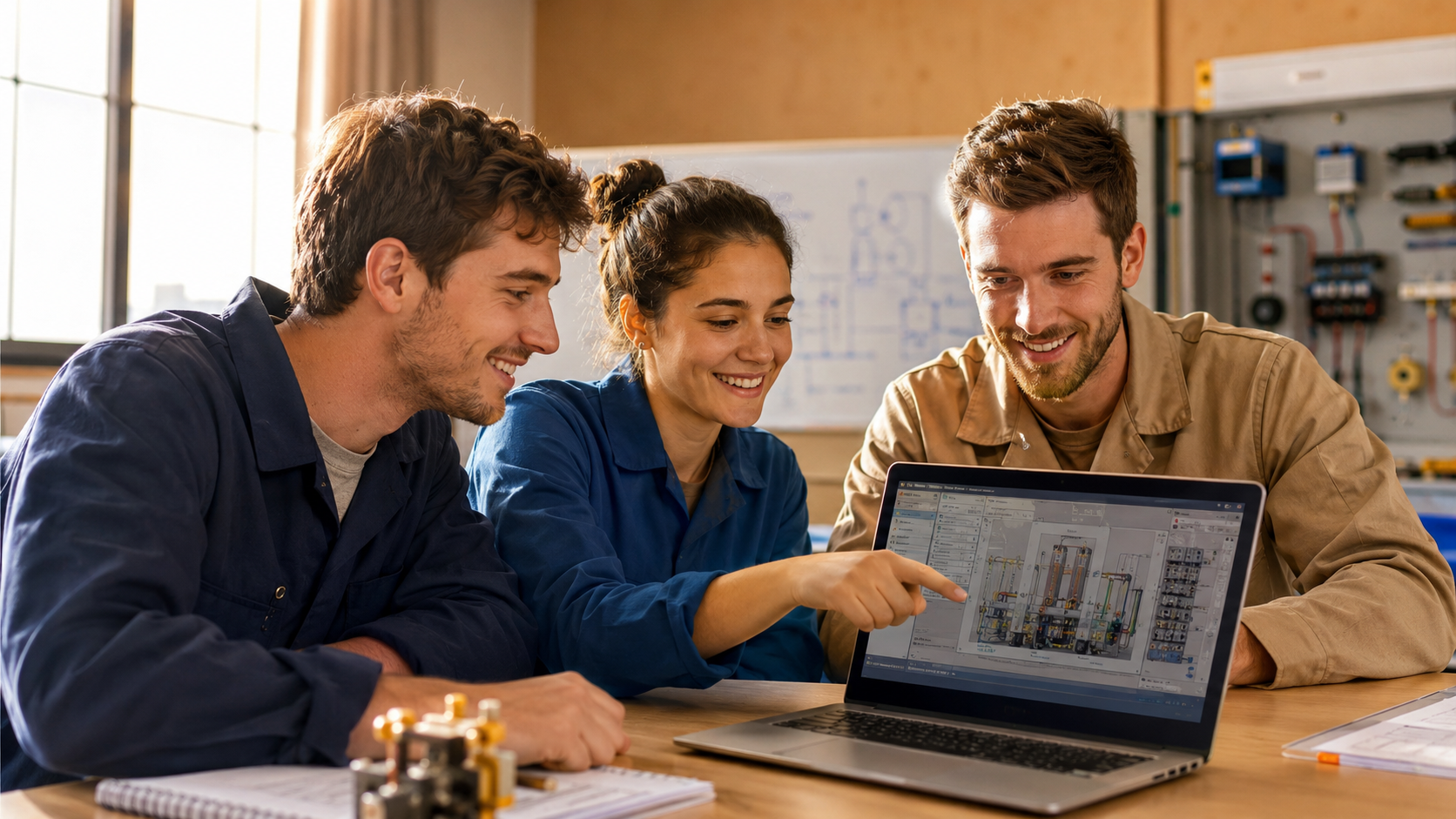 Jeunes techniciens en formation utilisant un logiciel de maintenance industrielle sur ordinateur