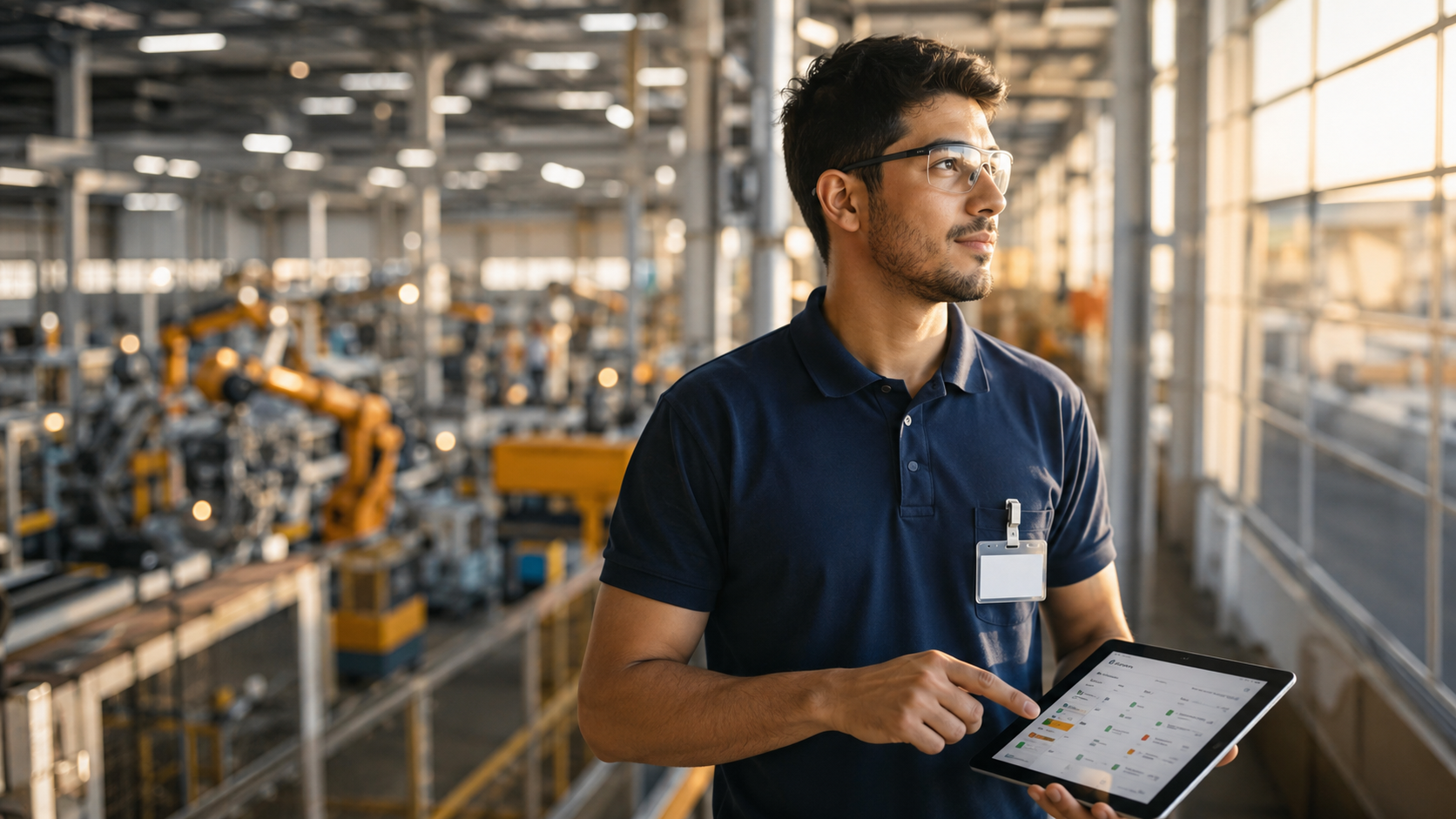 Jeune technicien de maintenance industrielle marocain avec tablette GMAO devant une ligne de production automobile