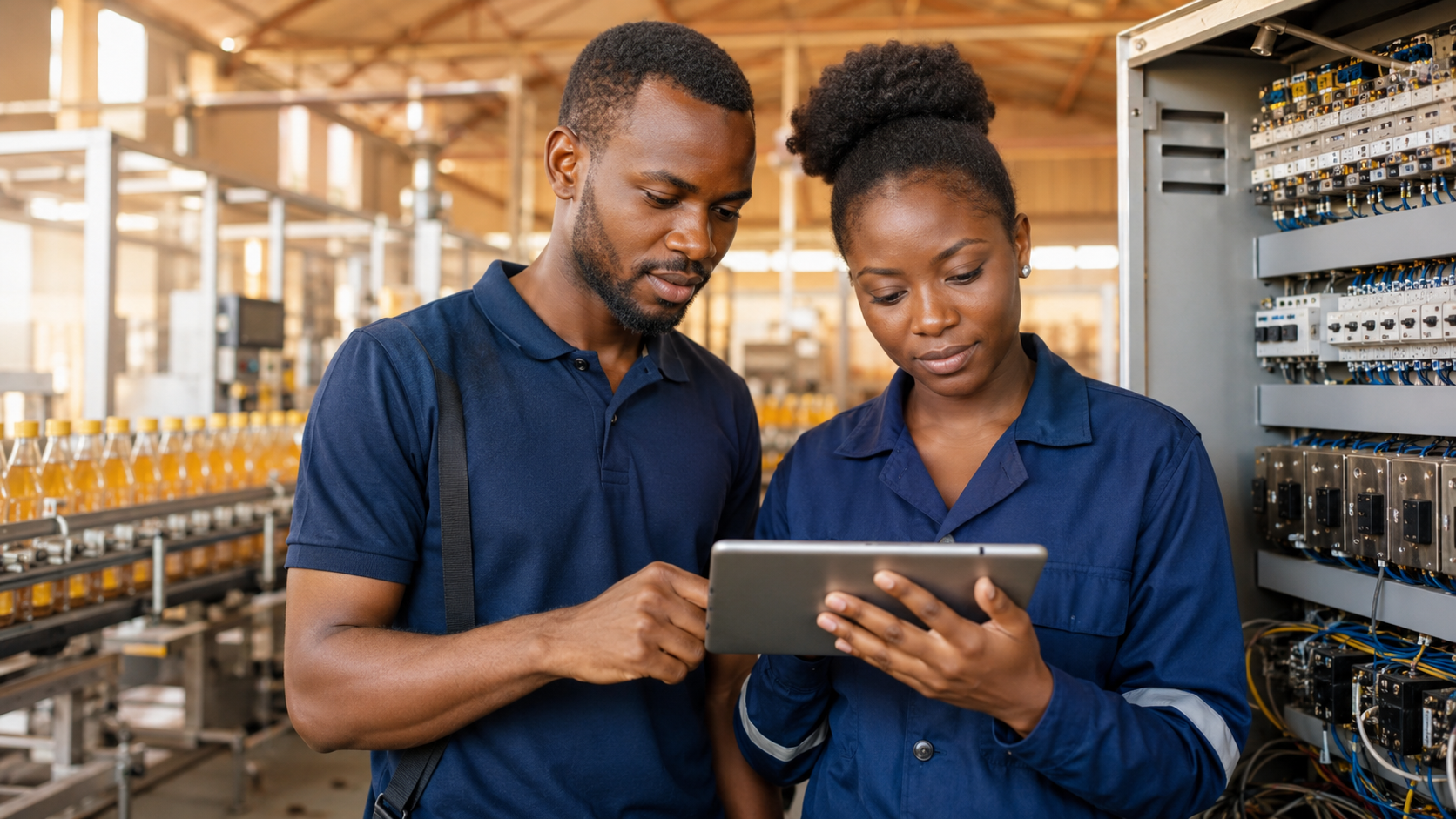 Deux jeunes techniciens de maintenance industrielle africains consultent une interface GMAO sur tablette dans un atelier moderne